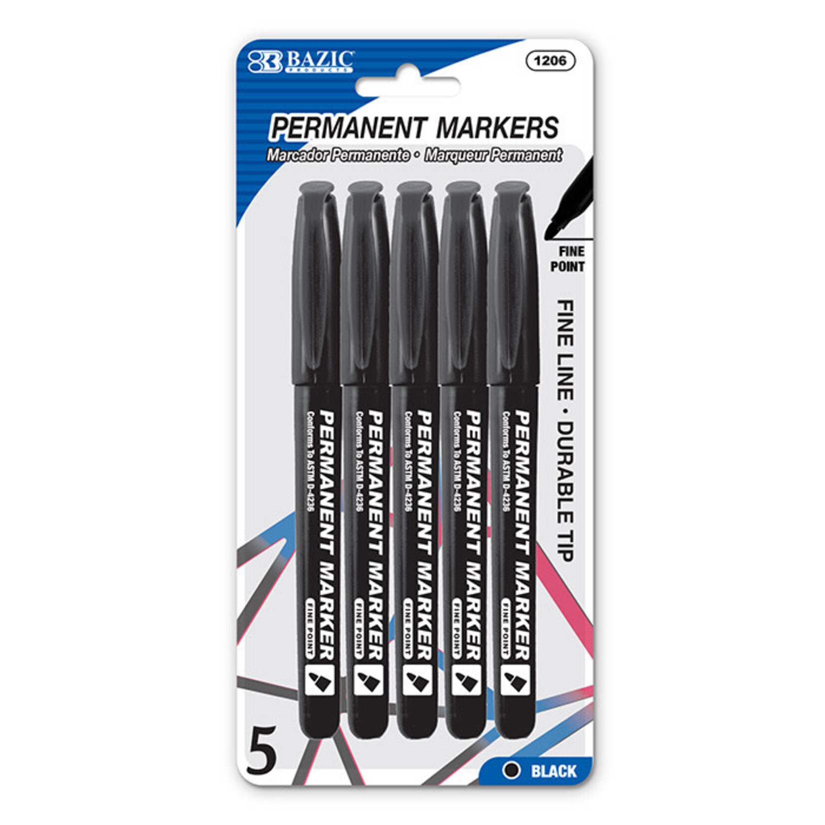 BAZIC BAZIC Black Fine Tip Permanent Markers w/ Pocket Clip (5/Pack) [1206]