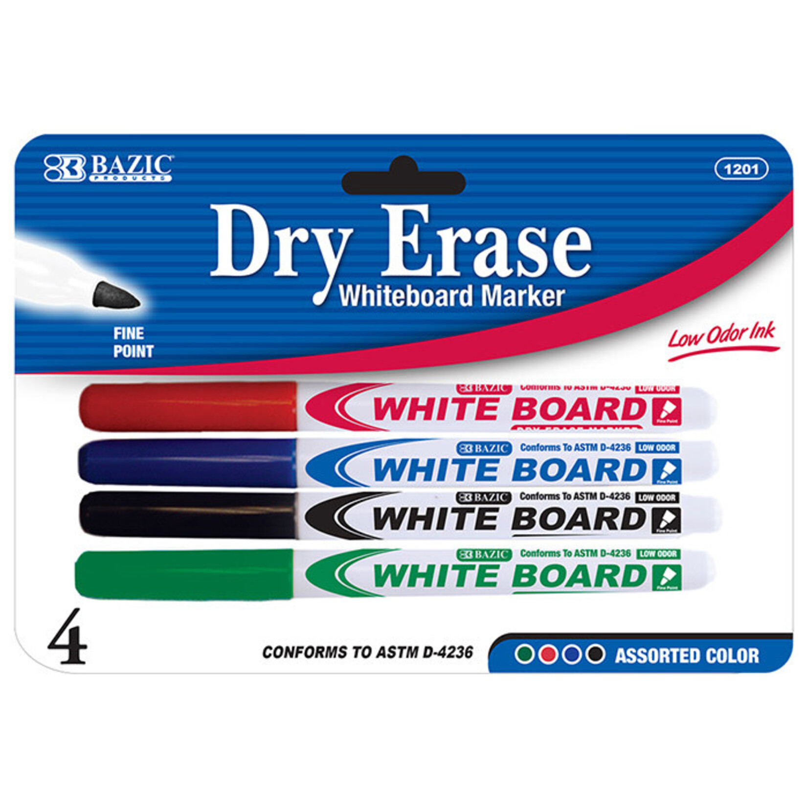 BAZIC BAZIC Assorted Color Fine Tip Dry-Erase Marker (4/Pack) [1201]