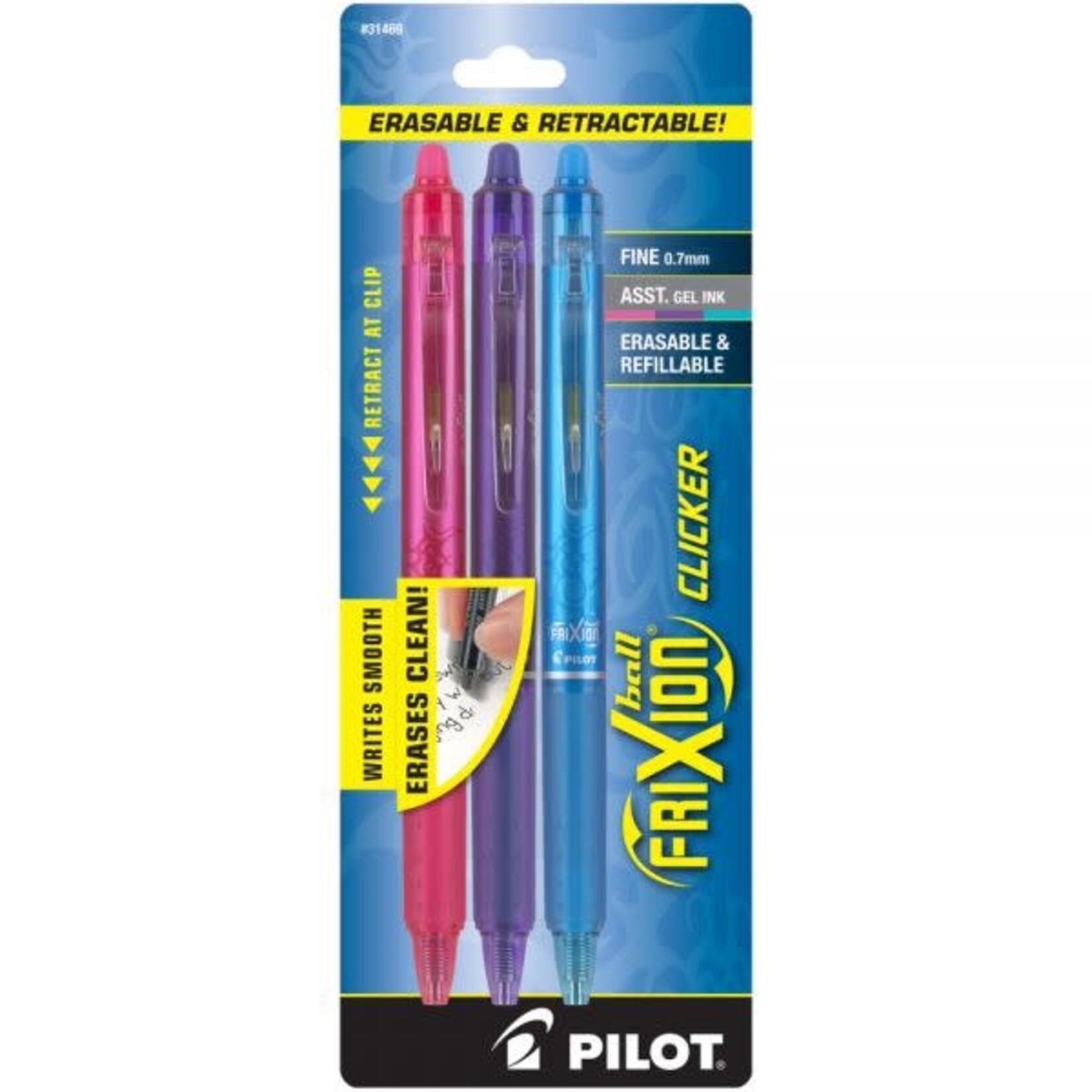 Pilot FriXion Clicker Erasable Gel Pens, Fine Point, 0.7 mm, Bright Assorted Barrels, Assorted Ink Colors, Pack Of 3 [PIL31469]