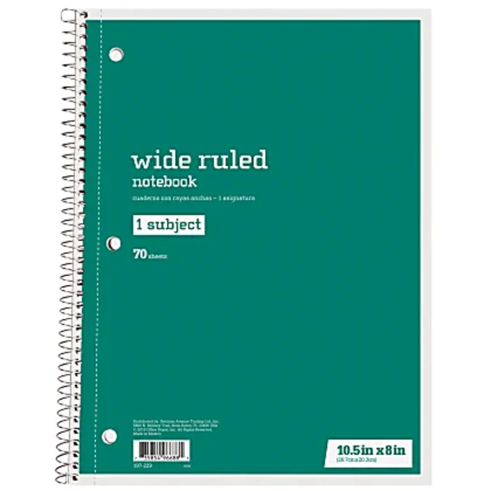 JUST BASICS Just Basics Spiral Notebook, 8" x 10-1/2", 1 Subject, Wide Ruled, 70 Sheets, Green [197229]