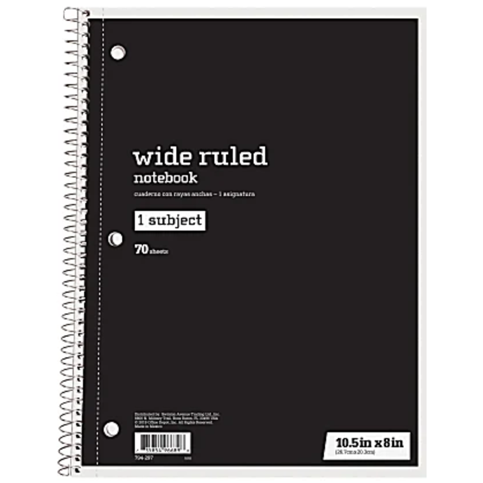 JUST BASICS Just Basics Spiral Notebook, 8" x 10 1/2", 1 Subject, Wide Ruled, 70 Sheets, Black [794297]
