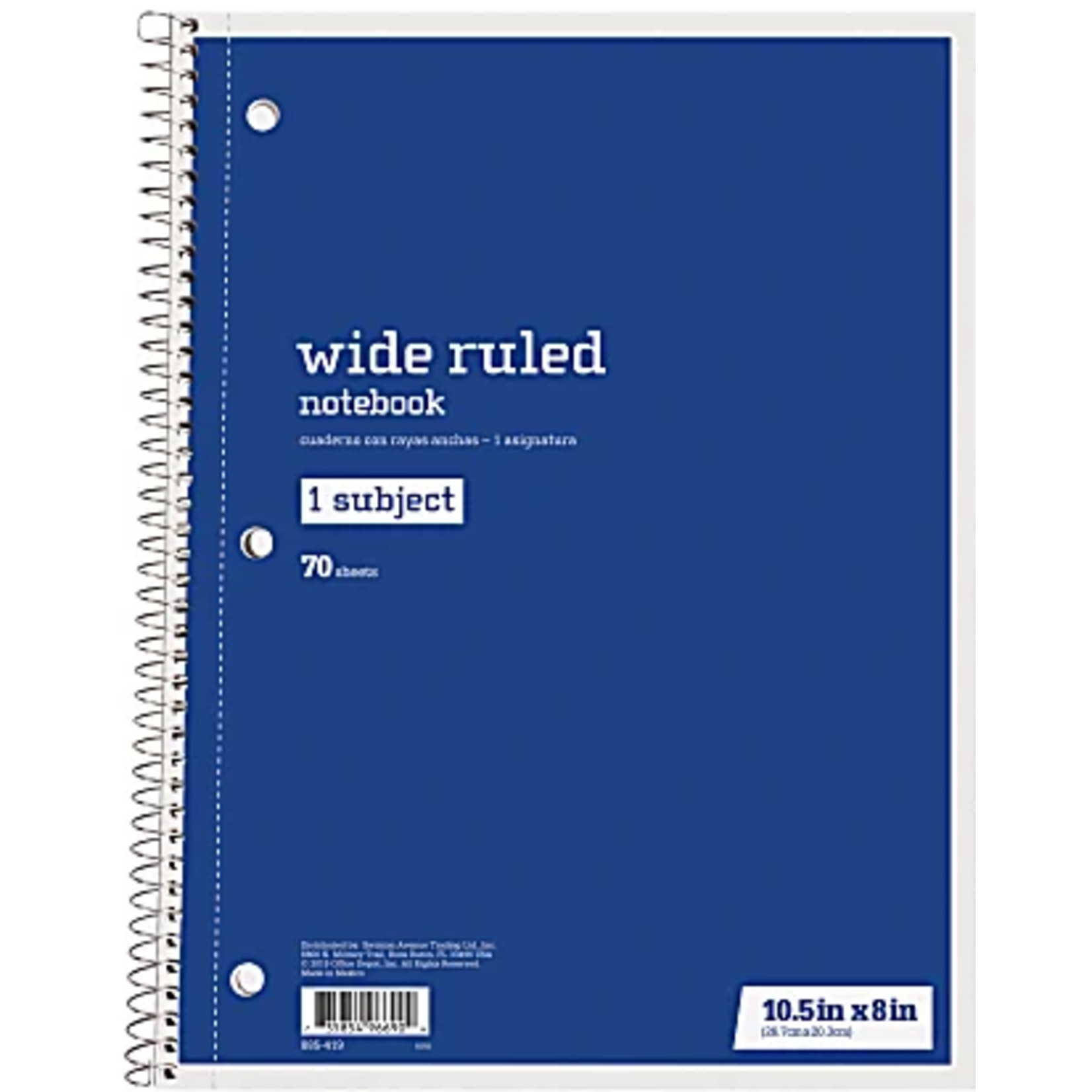 JUST BASICS Just Basics Spiral Notebook, 8" x 10-1/2", 1 Subject, Wide Ruled, 70 Sheets, Blue [885419]