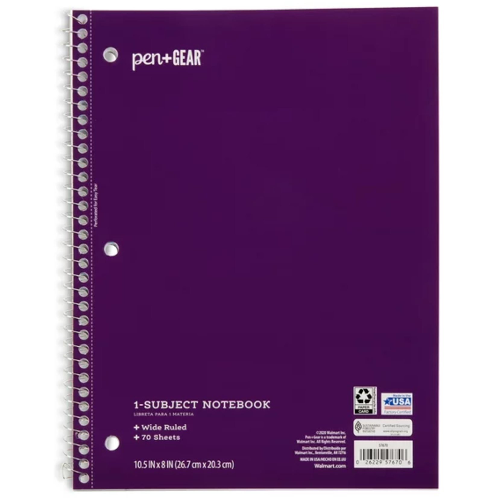 Pen & Gear 1-Subject Notebook, Wide Ruled, 70 Sheets Purple [57670]