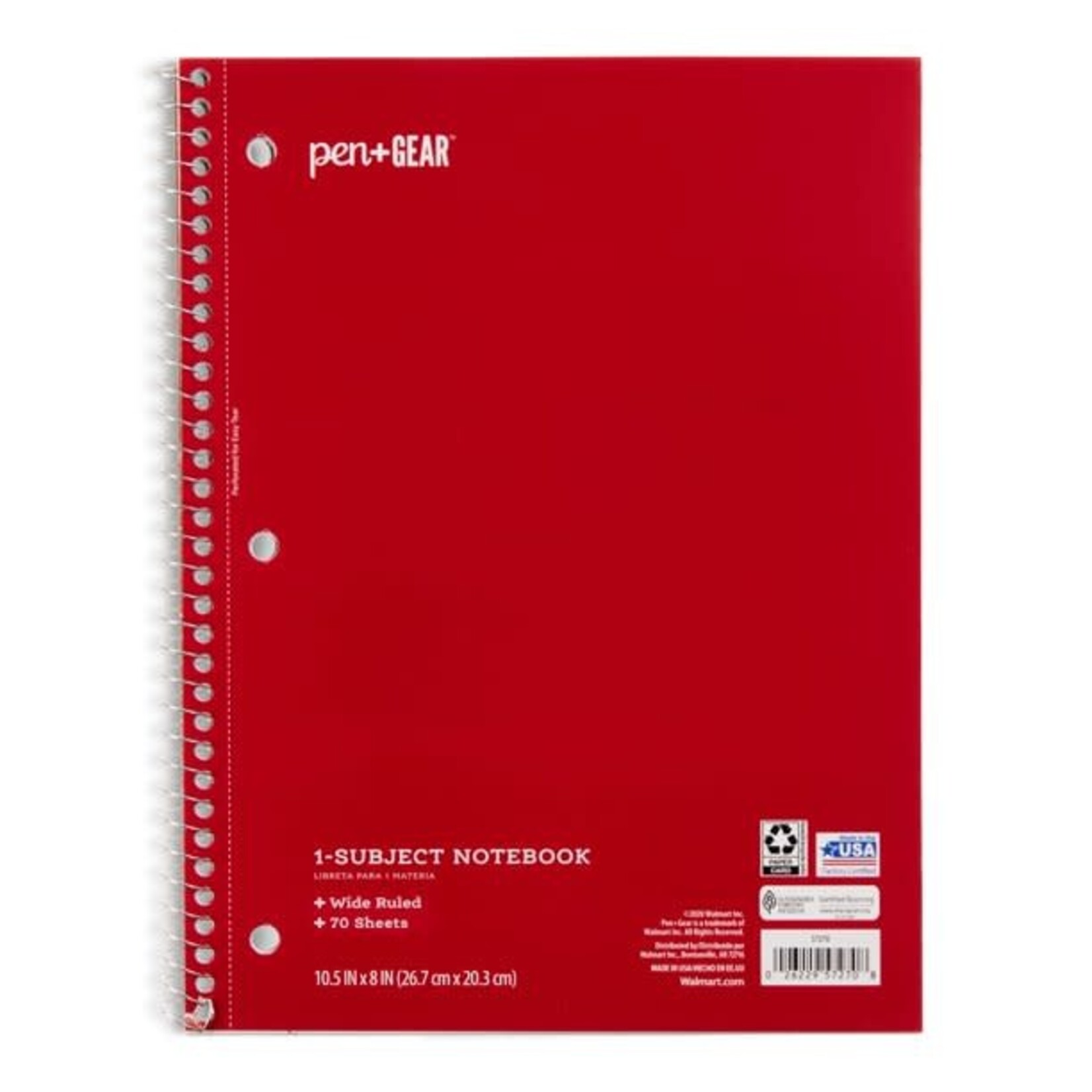 Pen & Gear 1-Subject Notebook, Wide Ruled, 70 Sheets Red [57270]