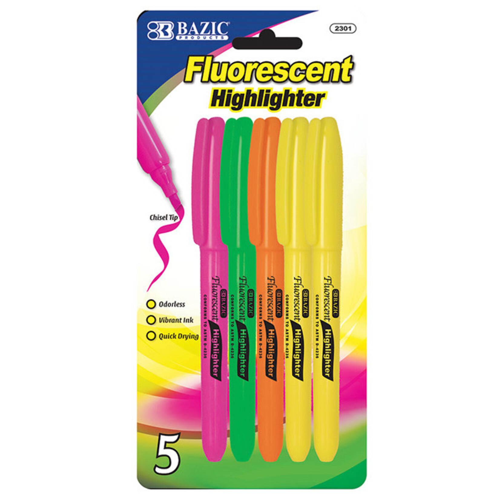 BAZIC BAZIC Pen Style Fluorescent Highlighters w/ Pocket Clip (5/Pack) [2301]
