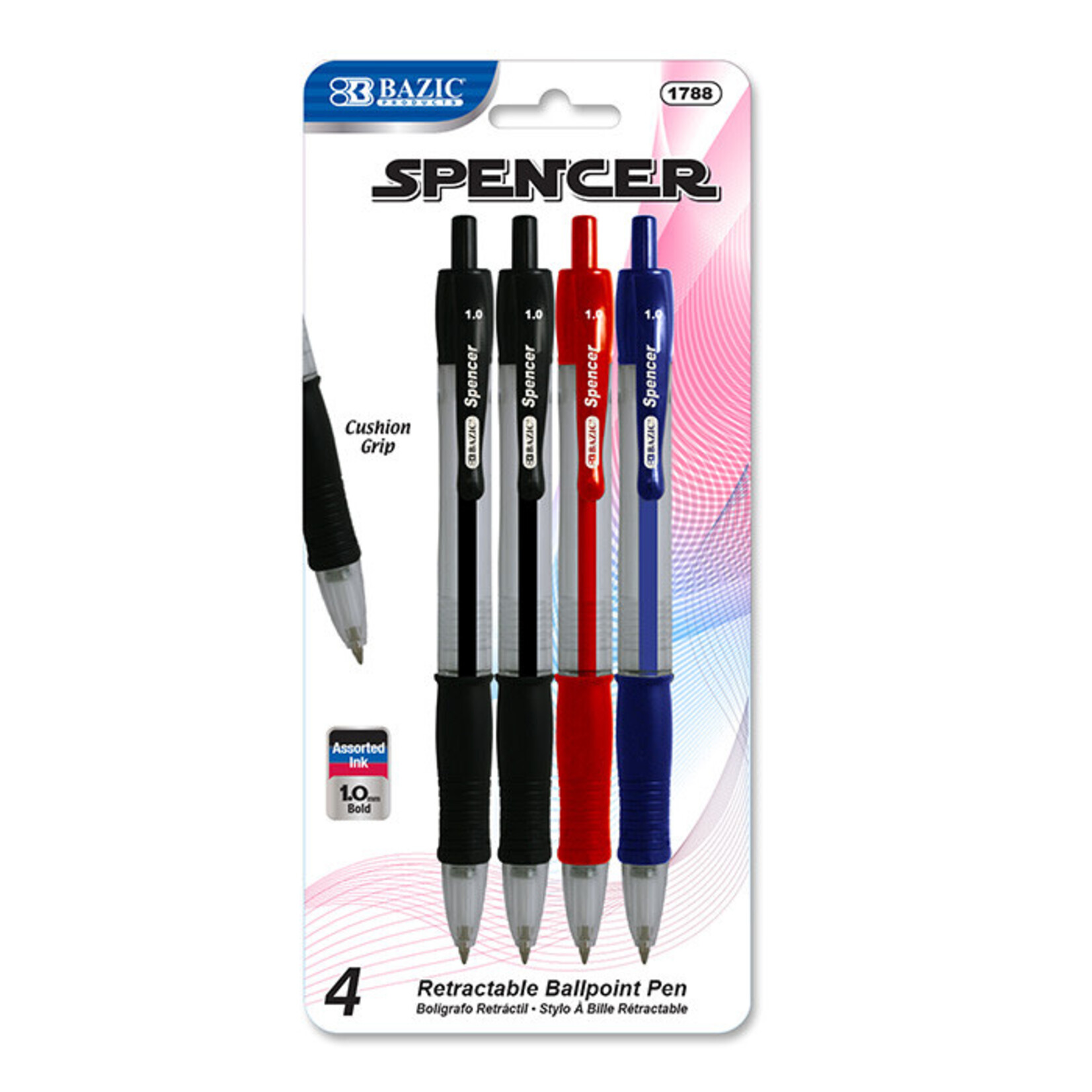 BAZIC BAZIC Spencer Asst. Color Retractable Pen w/ Cushion Grip (4/Pack) [1788]