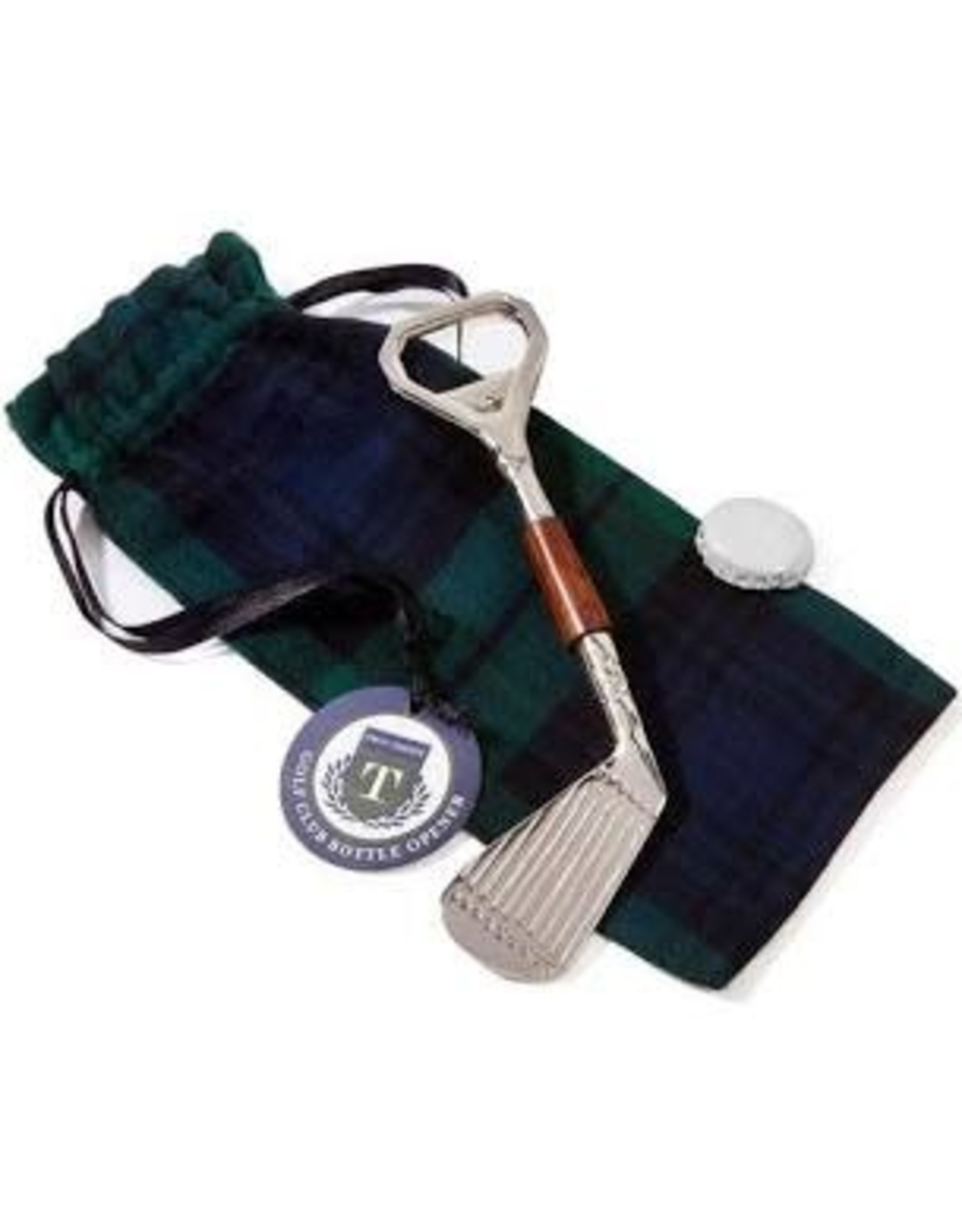 Two's Company Inc. Golf Club Bottle Opener in Plaid Gift Pouch - Brass/Mango Wood