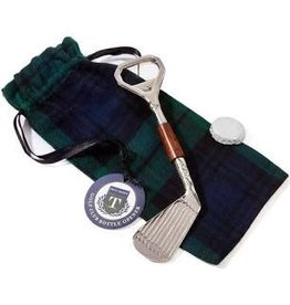 Two's Company Inc. Golf Club Bottle Opener in Plaid Gift Pouch - Brass/Mango Wood