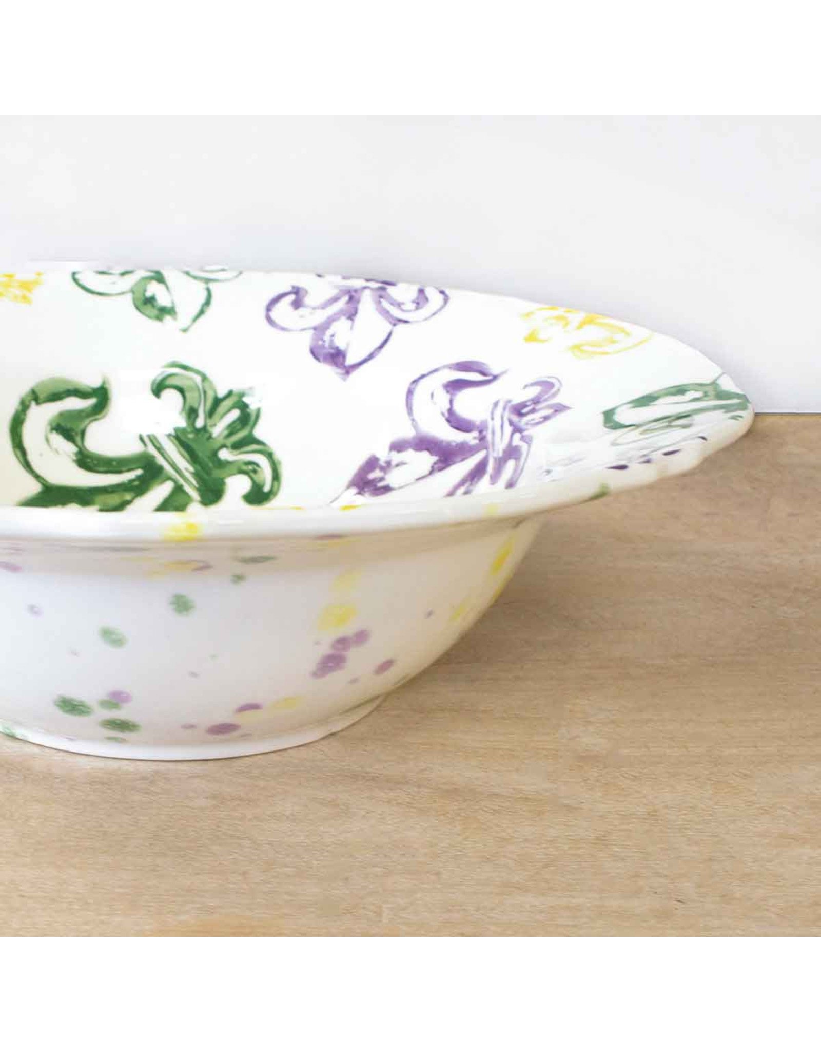 The Royal Standard Watercolor Fleur de Lis Serving Bowl in Mardi Gras Colors