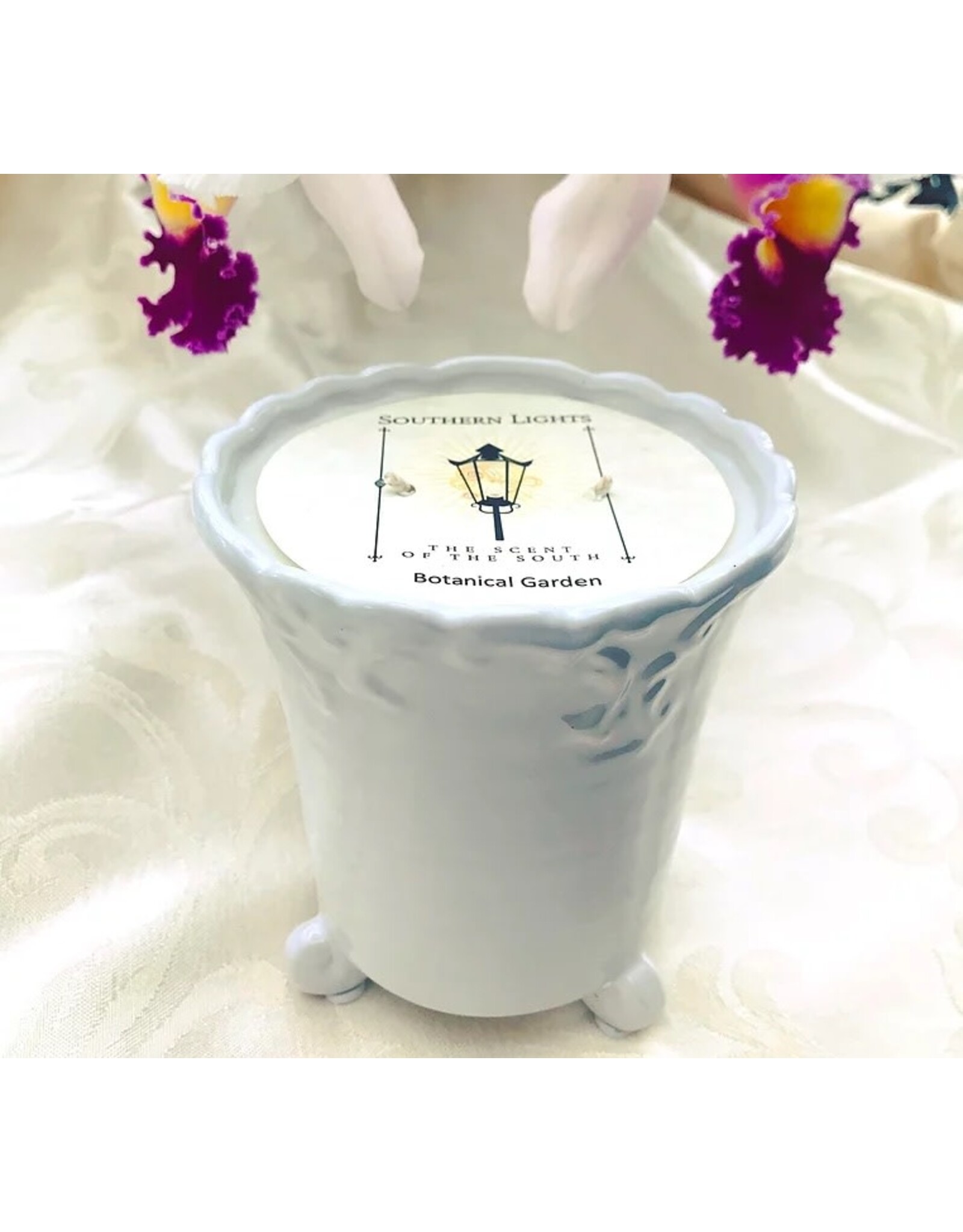 Southern Lights Candle Garden District White Scroll Footed Candle