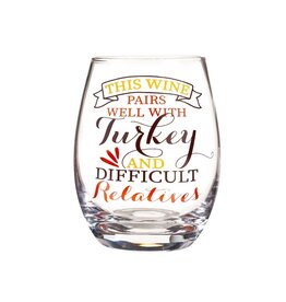 Evergreen Enterprises This Wine Pairs Well with Turkey and Difficult Relatives Stemless Wine Glass w/box, 17 oz.