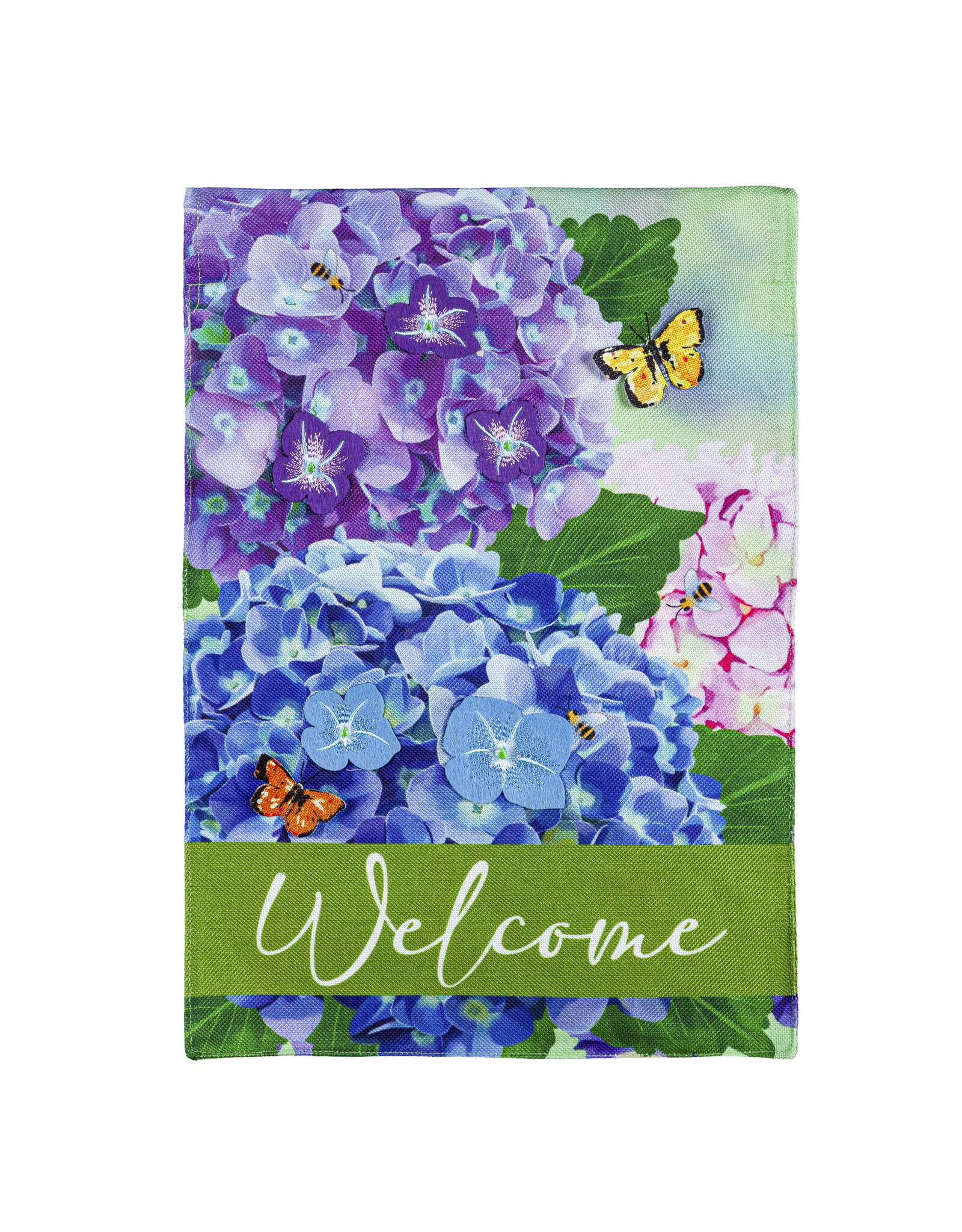 Evergreen Enterprises Hydrangea and Butterfly Welcome Garden Burlap Flag