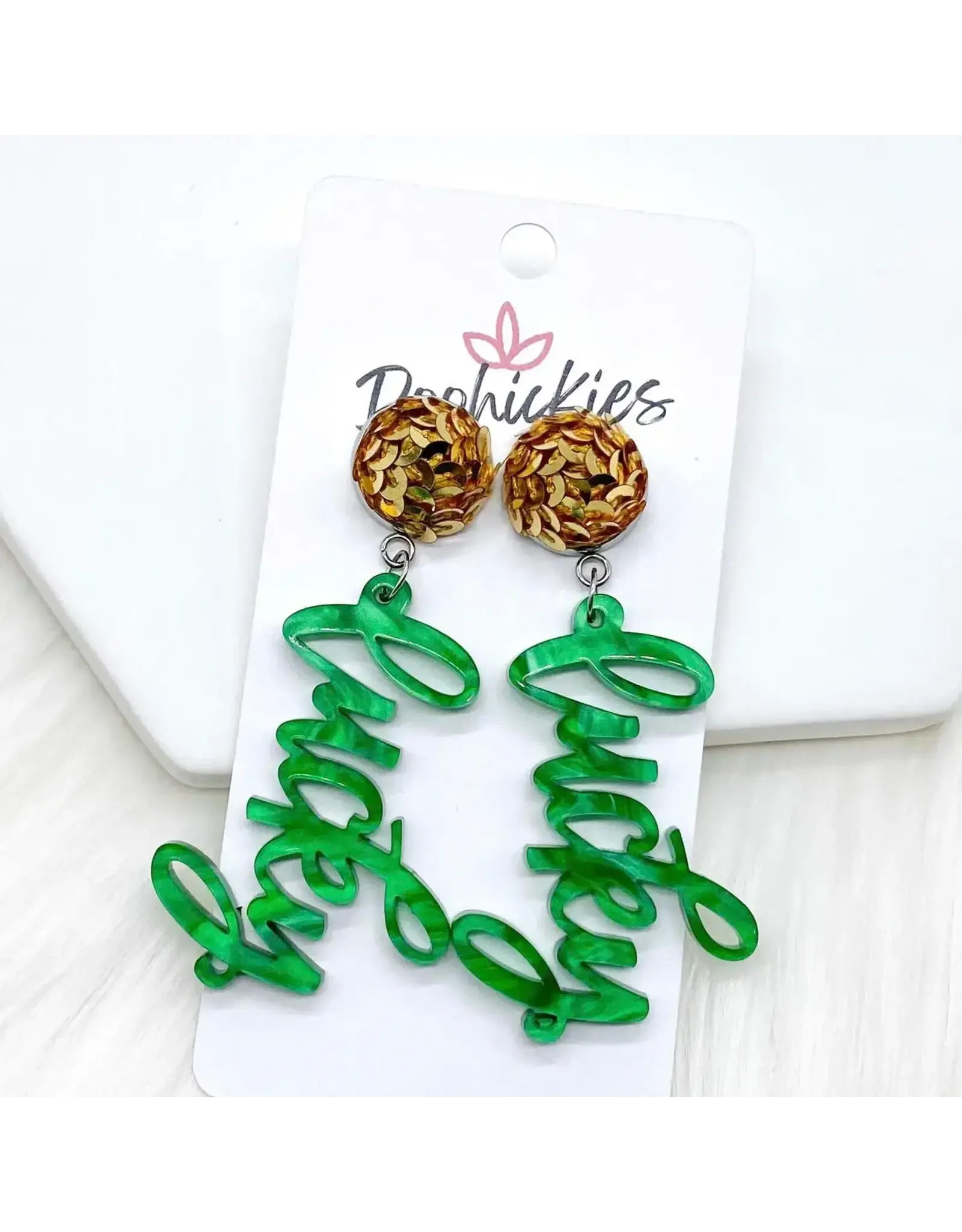 Doohickies/So. Charm Trade Pale Gold Sequins & Cursive Lucky Acrylic Earrings