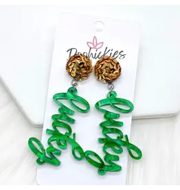 Doohickies/So. Charm Trade Pale Gold Sequins & Cursive Lucky Acrylic Earrings