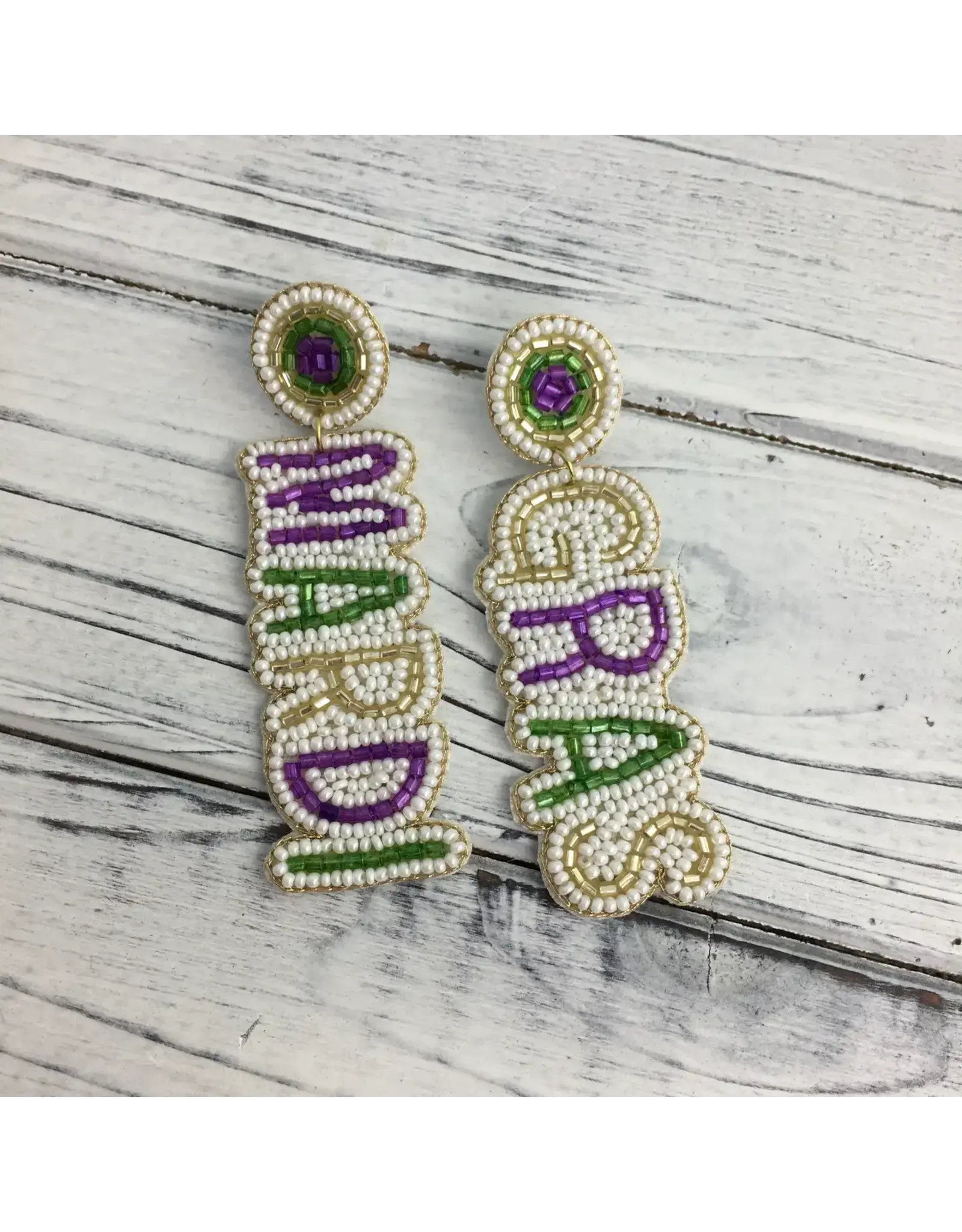 SongLily/Faire Mardi Gras Beaded Word Earrings