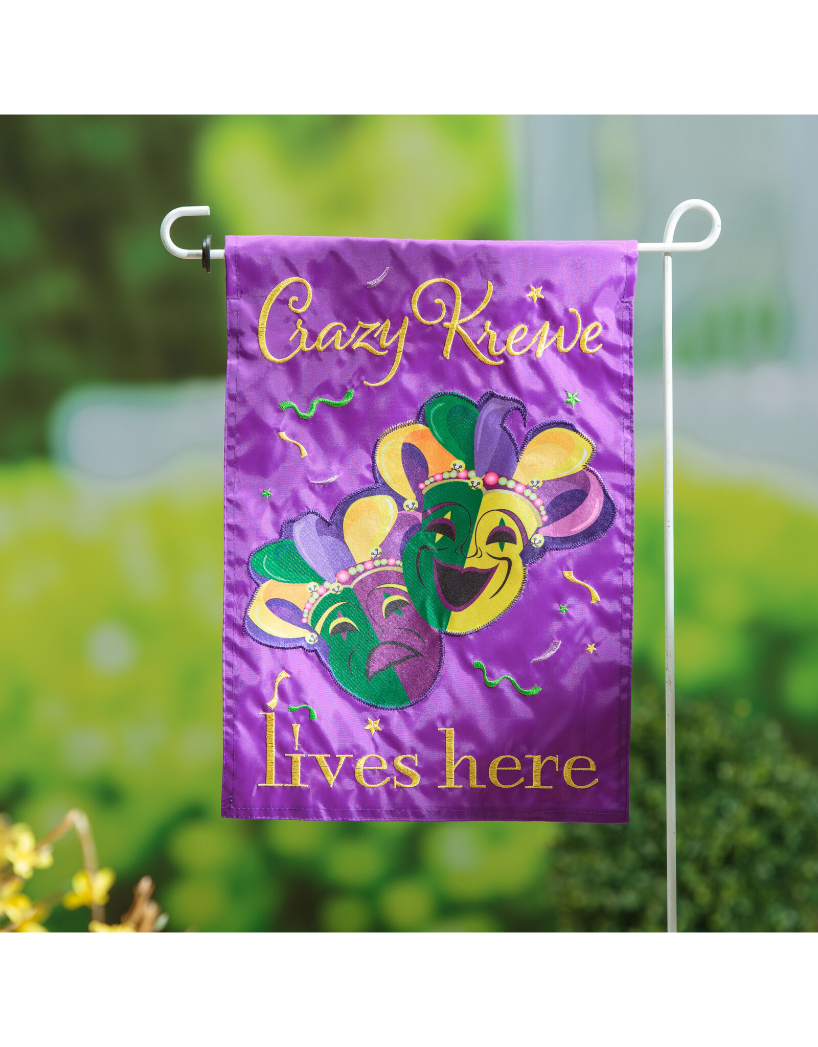 Evergreen Enterprises Mardi Gras Crazy Krewe Lives Here Applique Garden Flag