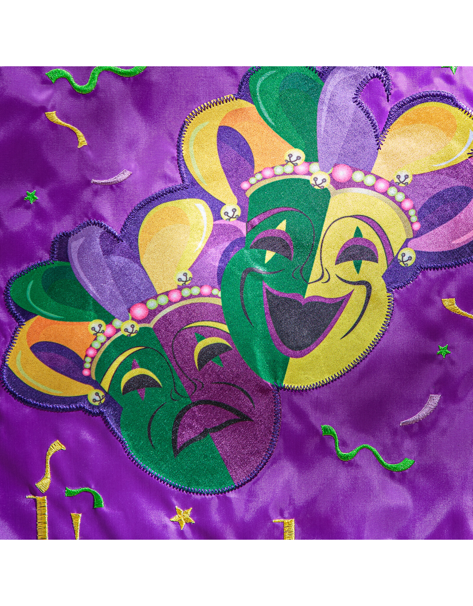 Evergreen Enterprises Mardi Gras Crazy Krewe Lives Here Applique Garden Flag