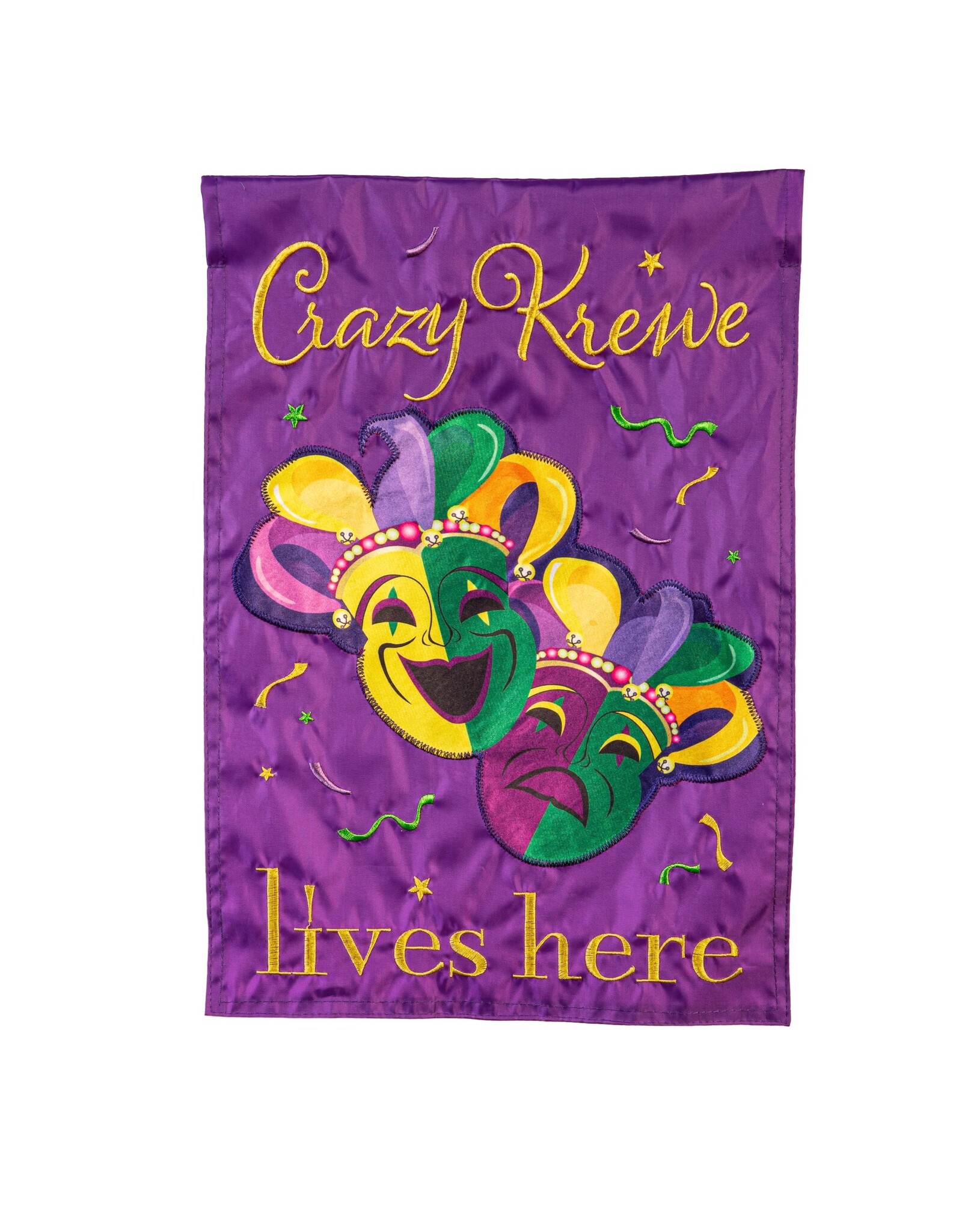 Evergreen Enterprises Mardi Gras Crazy Krewe Lives Here Applique House Flag