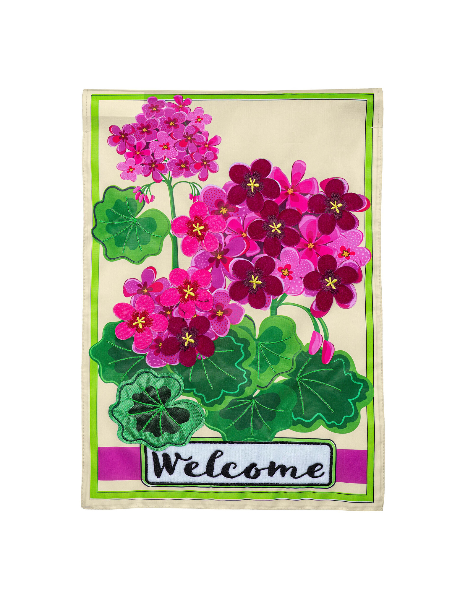 Evergreen Enterprises Pink Geranium Welcome Applique Garden Flag