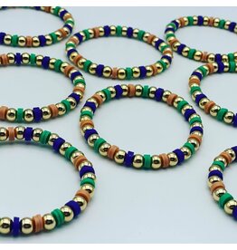 MM Custom Creations Mardi Gras beaded bracelet w/gold beads med wrist 7