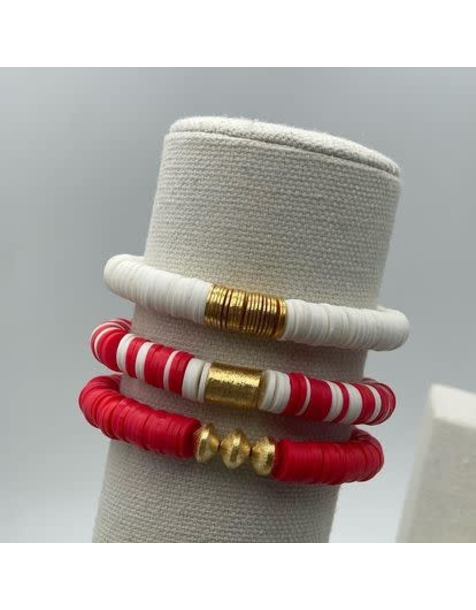 MM Custom Creations Solid Color 8mm Heishi Beaded Stretch Bracelets with Gold Cuff Red Med 7