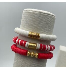 MM Custom Creations Solid Color 8mm Heishi Beaded Stretch Bracelets with Gold Cuff Red Lg 7.5