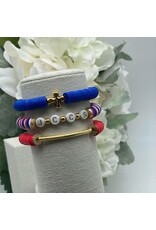 MM Custom Creations Solid Color 8mm Heishi Beaded Stretch Bracelets with Gold Bar Red Lg 7.5