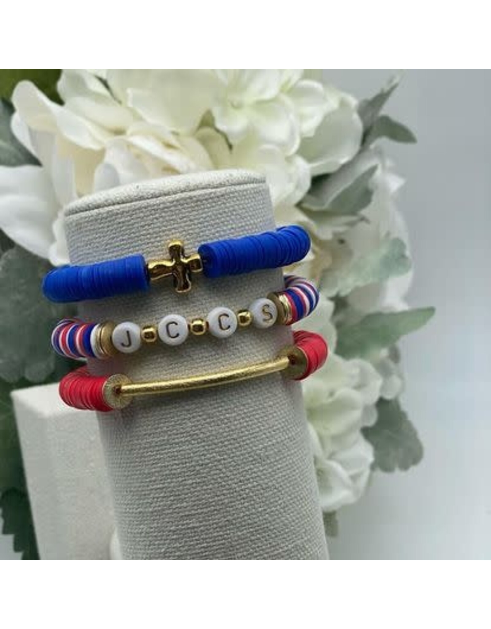 MM Custom Creations Solid Color 8mm Heishi Beaded Stretch Bracelets with Gold Bar Red Lg 7.5