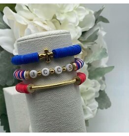 MM Custom Creations Solid Color 8mm Heishi Beaded Stretch Bracelets with Gold Bar Red Lg 7.5