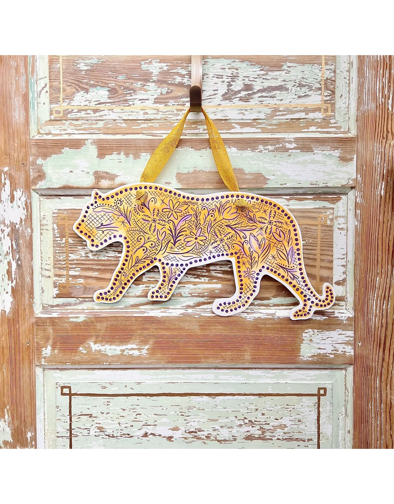 Songbird Grove Collection Chinoiserie Purple and Gold Tiger Door Hanger