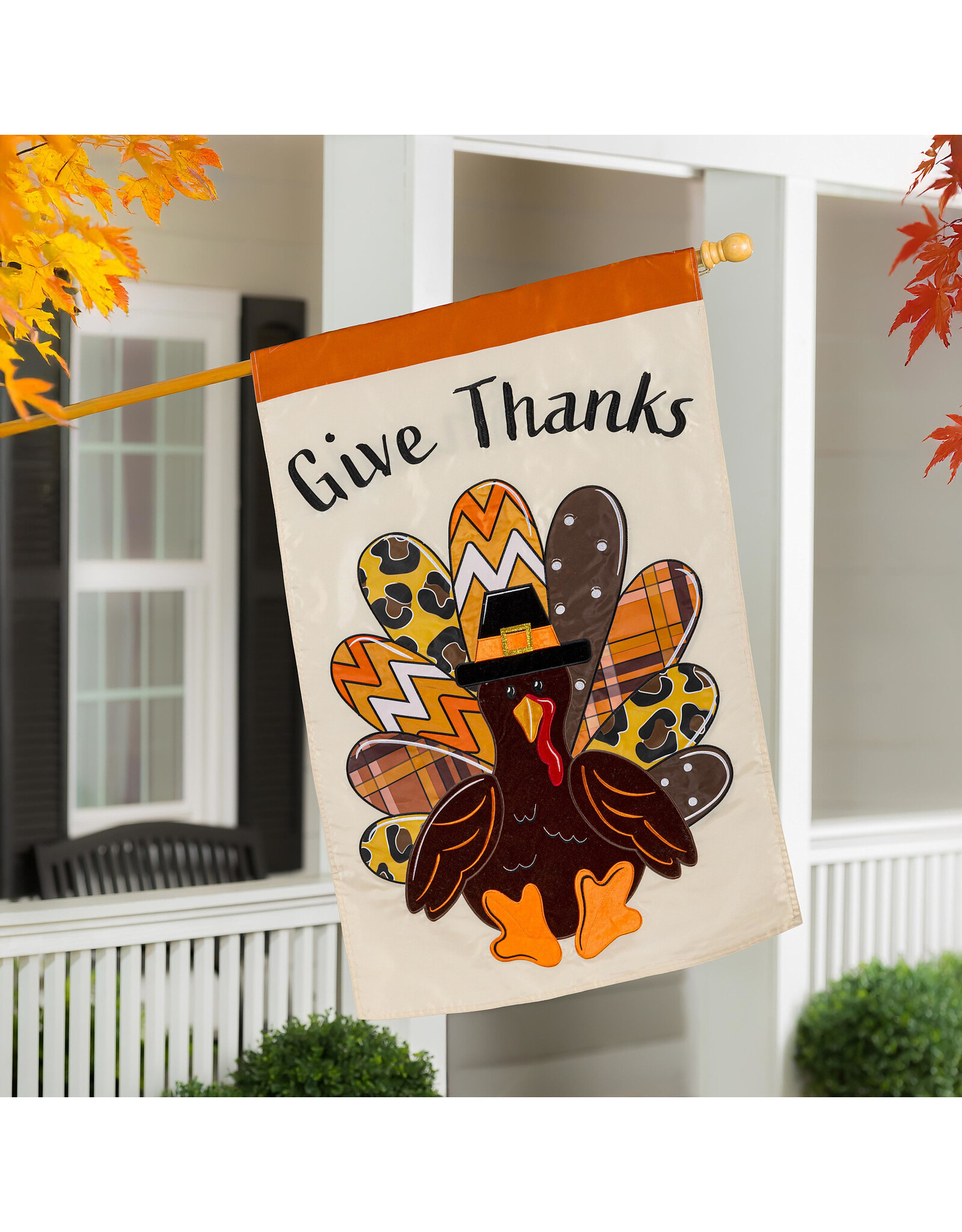 Evergreen Enterprises Give Thanks Patterned Turkey Applique House Flag