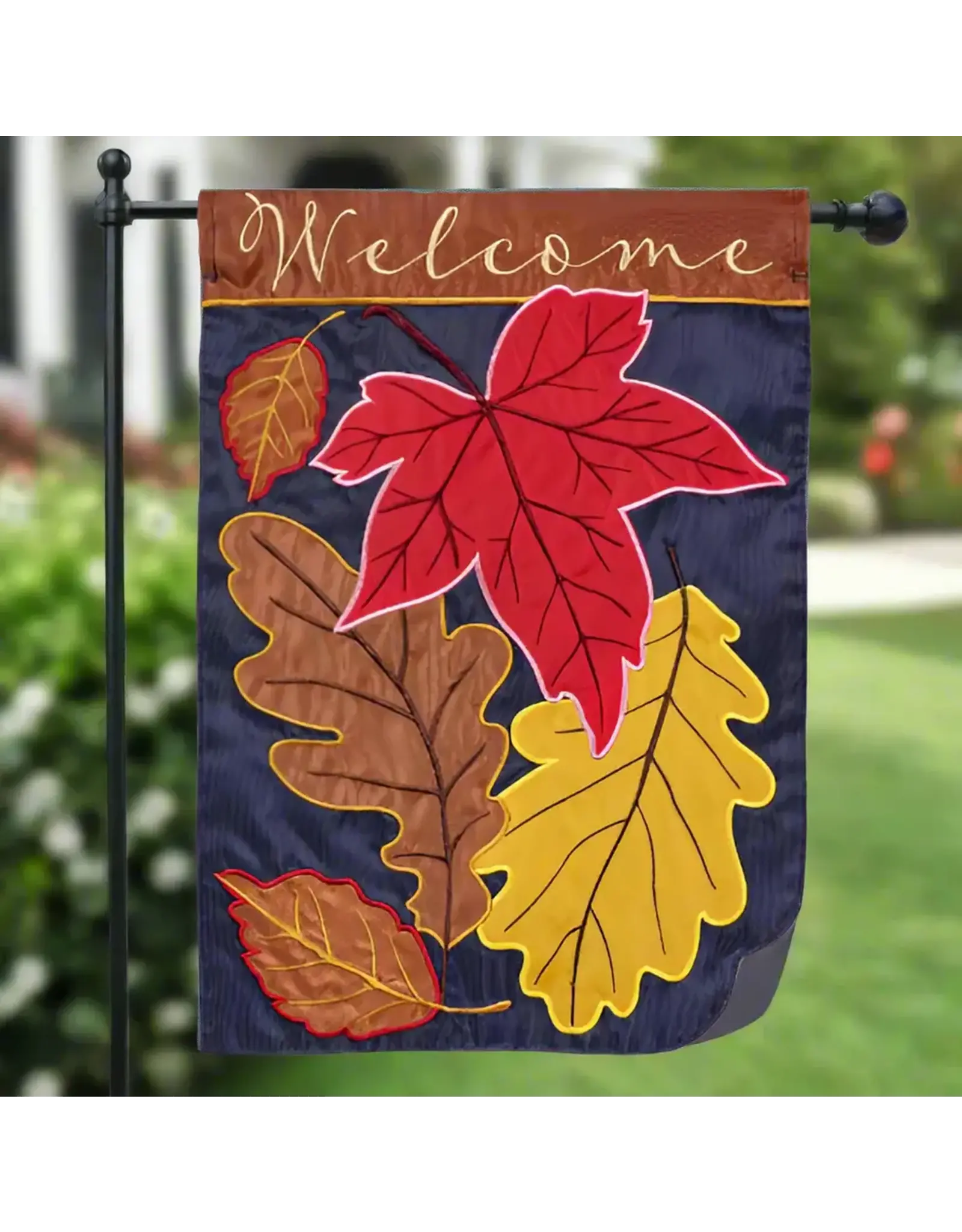 Evergreen Enterprises Fall Leaves On Navy Applique Garden Flag