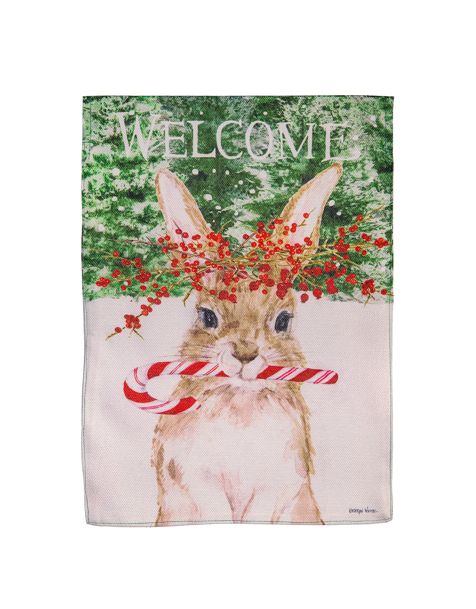 Evergreen Enterprises Candy Cane Rabbit Burlap Garden Flag
