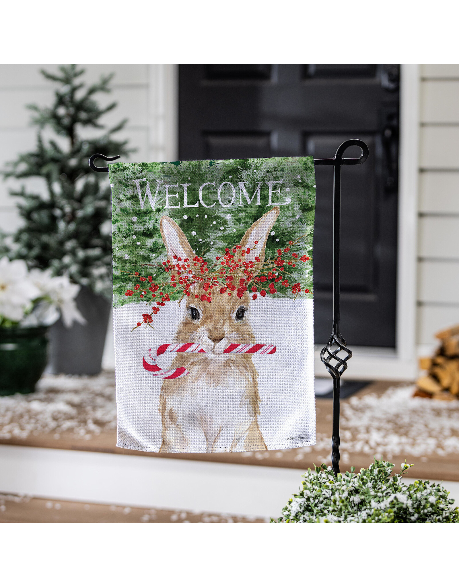 Evergreen Enterprises Candy Cane Rabbit Burlap Garden Flag