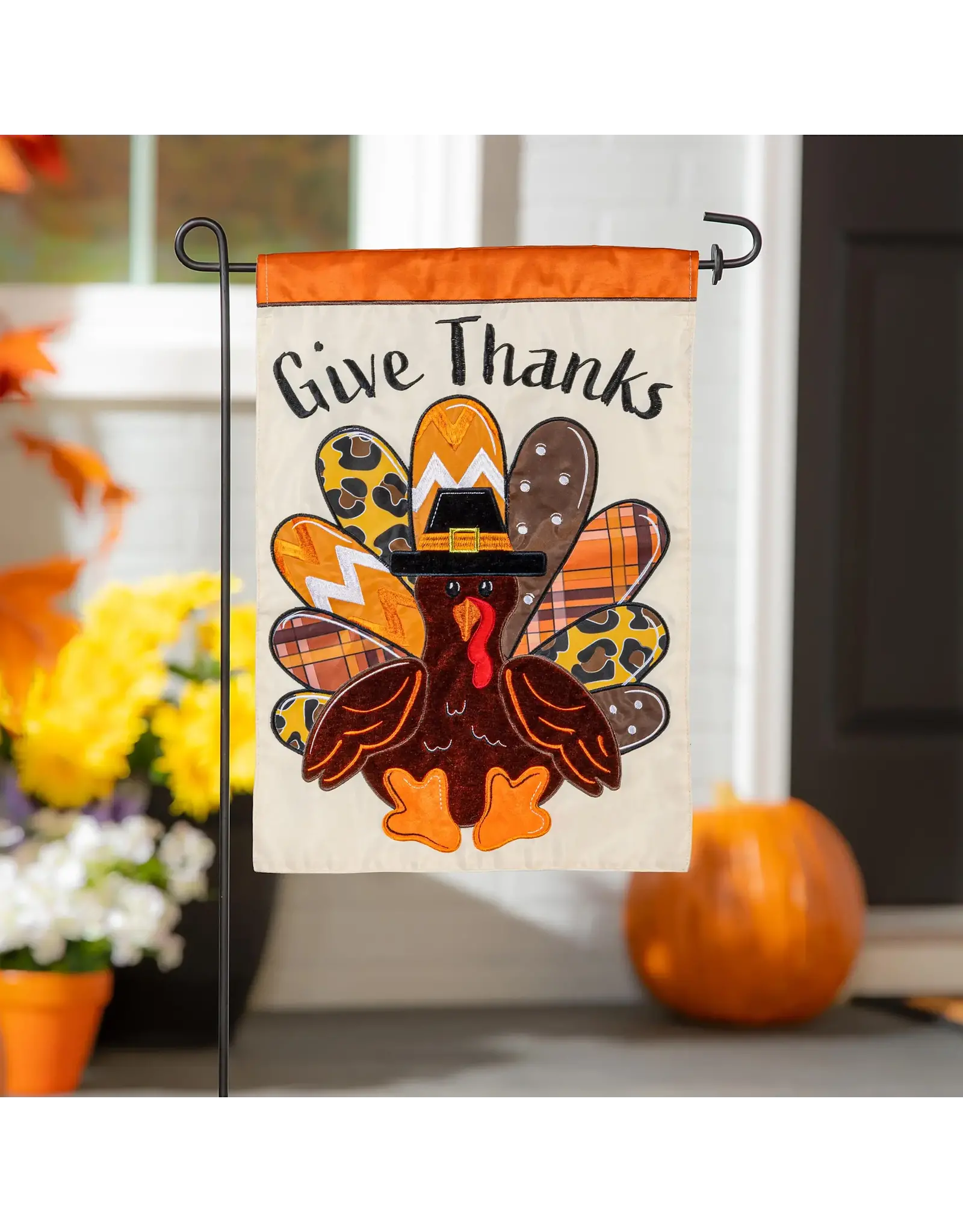 Evergreen Enterprises Give Thanks Patterned Turkey Applique Garden Flag