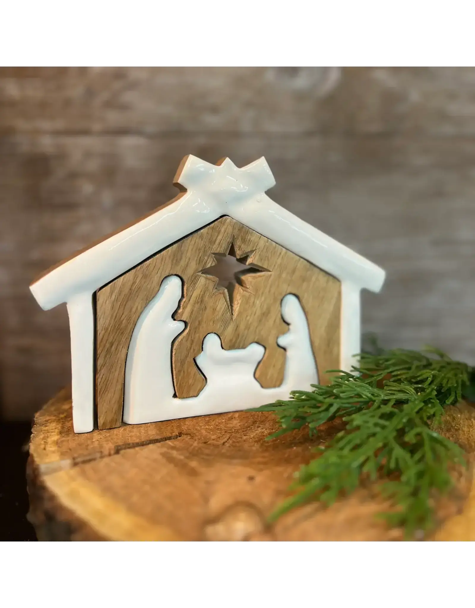Wholesale Home Decor/Faire Wooden Nativity with White Enamel 7x5in
