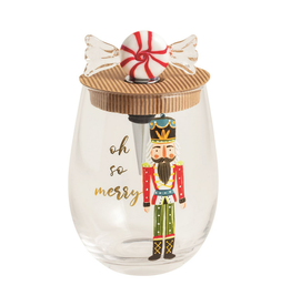 Mud Pie Peppermint Nutcracker Wine Glass & Stopper Set