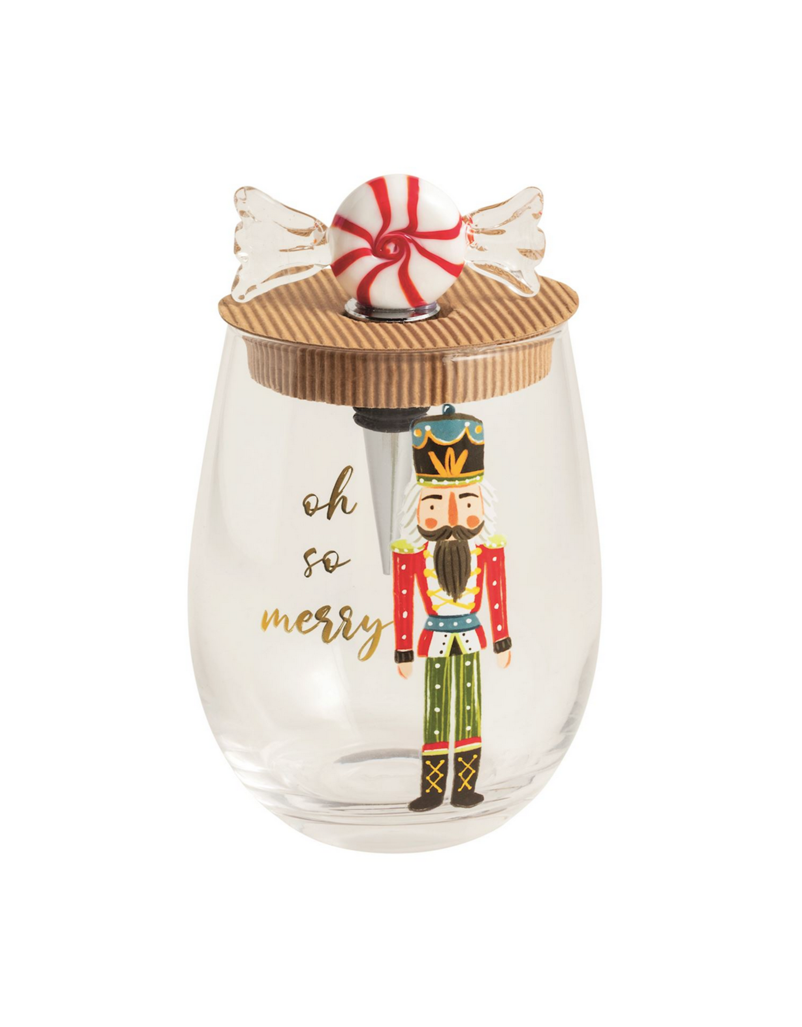 Mud Pie Peppermint Nutcracker Wine Glass & Stopper Set