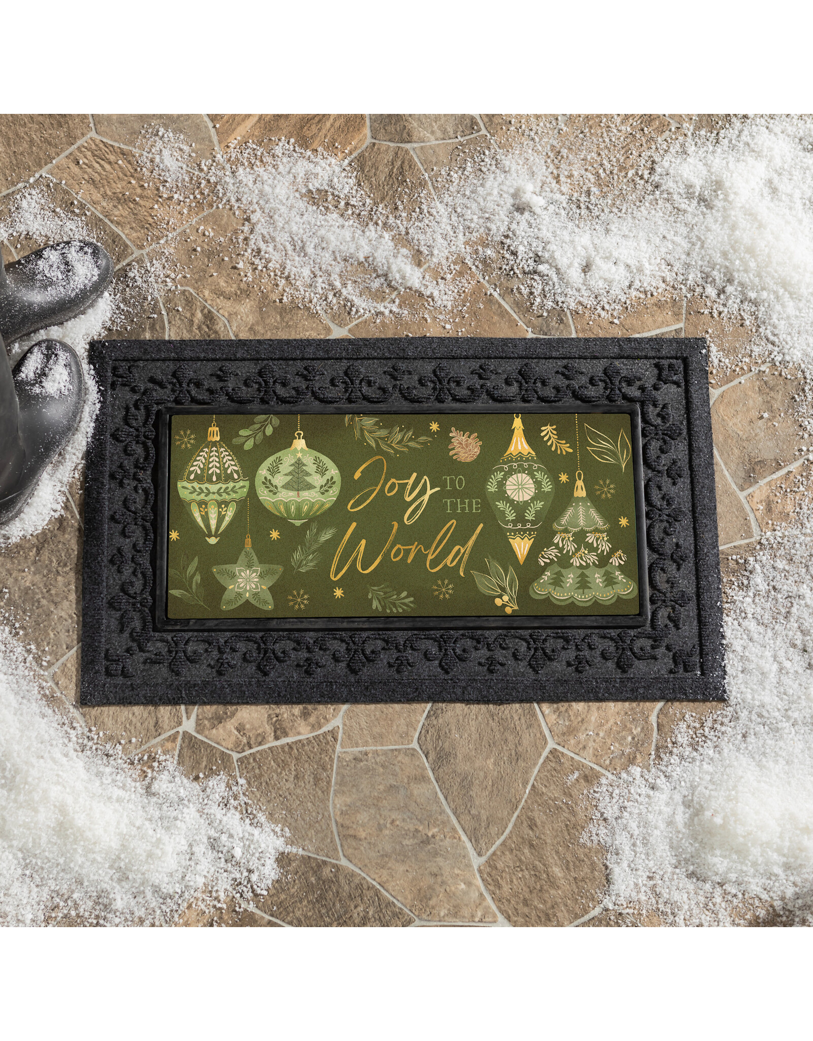 Evergreen Enterprises Shades of Green Flcoked Coir Sassafras Mat, "Joy To The World"