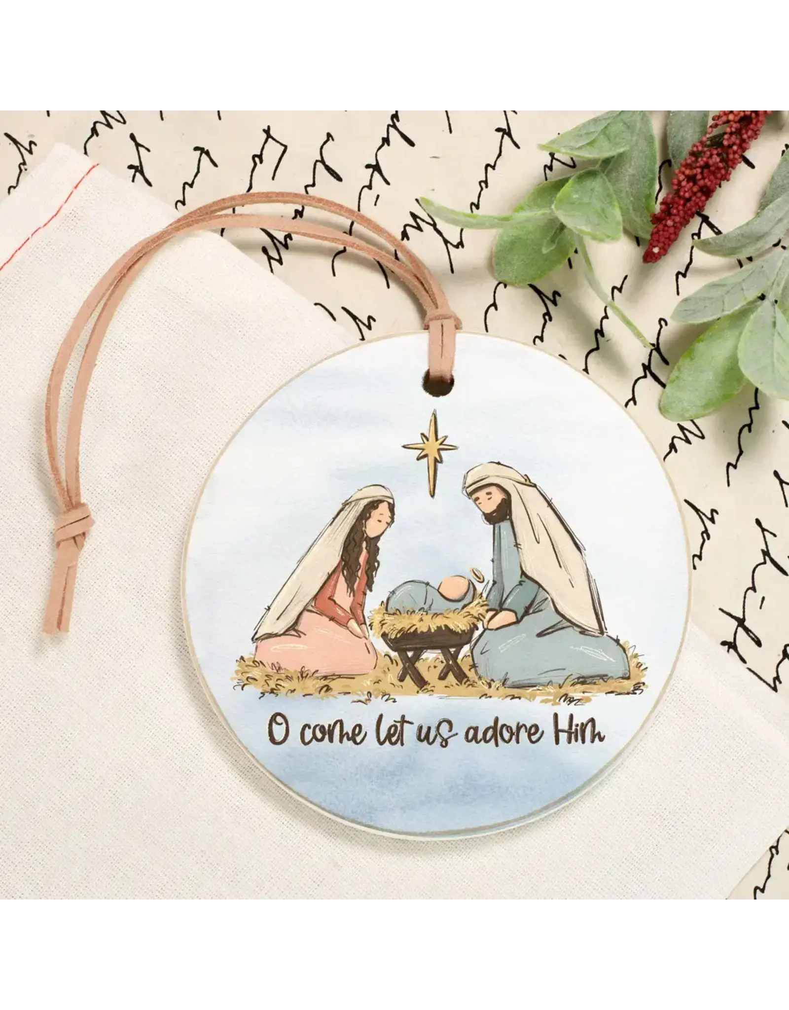 Clairmont And Co Kneeling Nativity, Let Us Adore Him Wooden Ornament