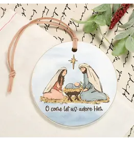Clairmont And Co Kneeling Nativity, Let Us Adore Him Wooden Ornament