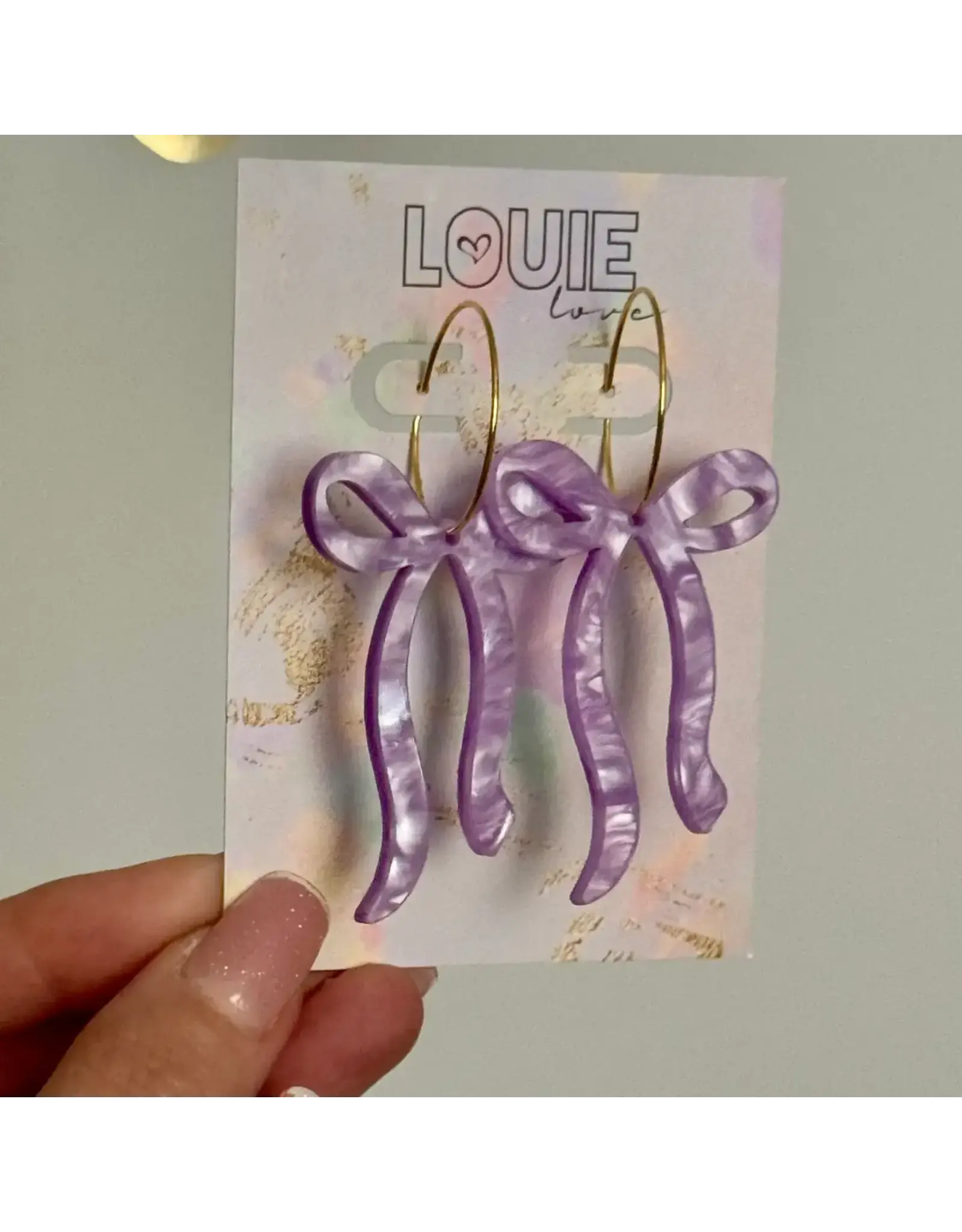 Louie Love Acrylic Purple Bow Hoop Earrings