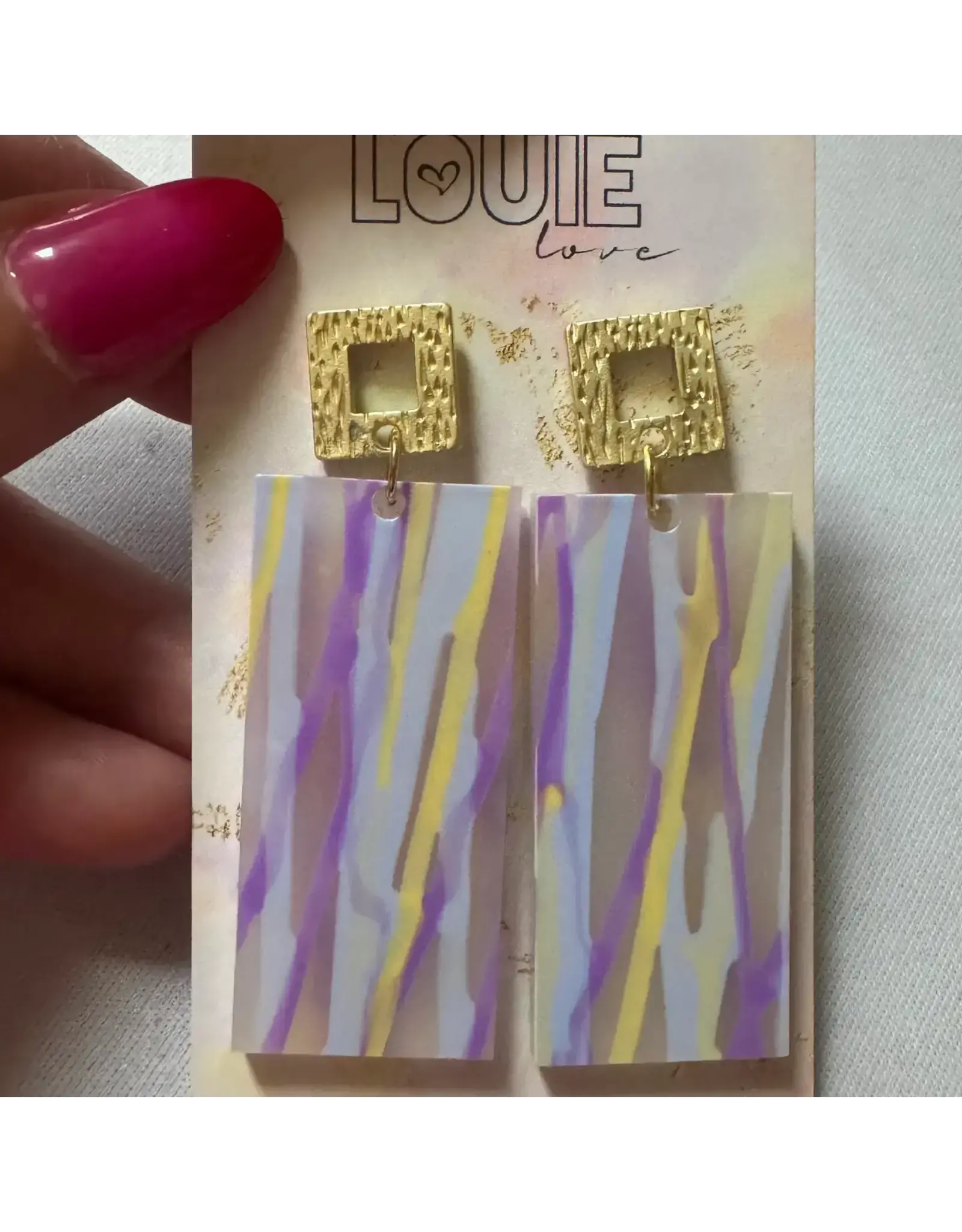 Louie Love Acrylic Purple Lavender Yellow Stripe Earrings