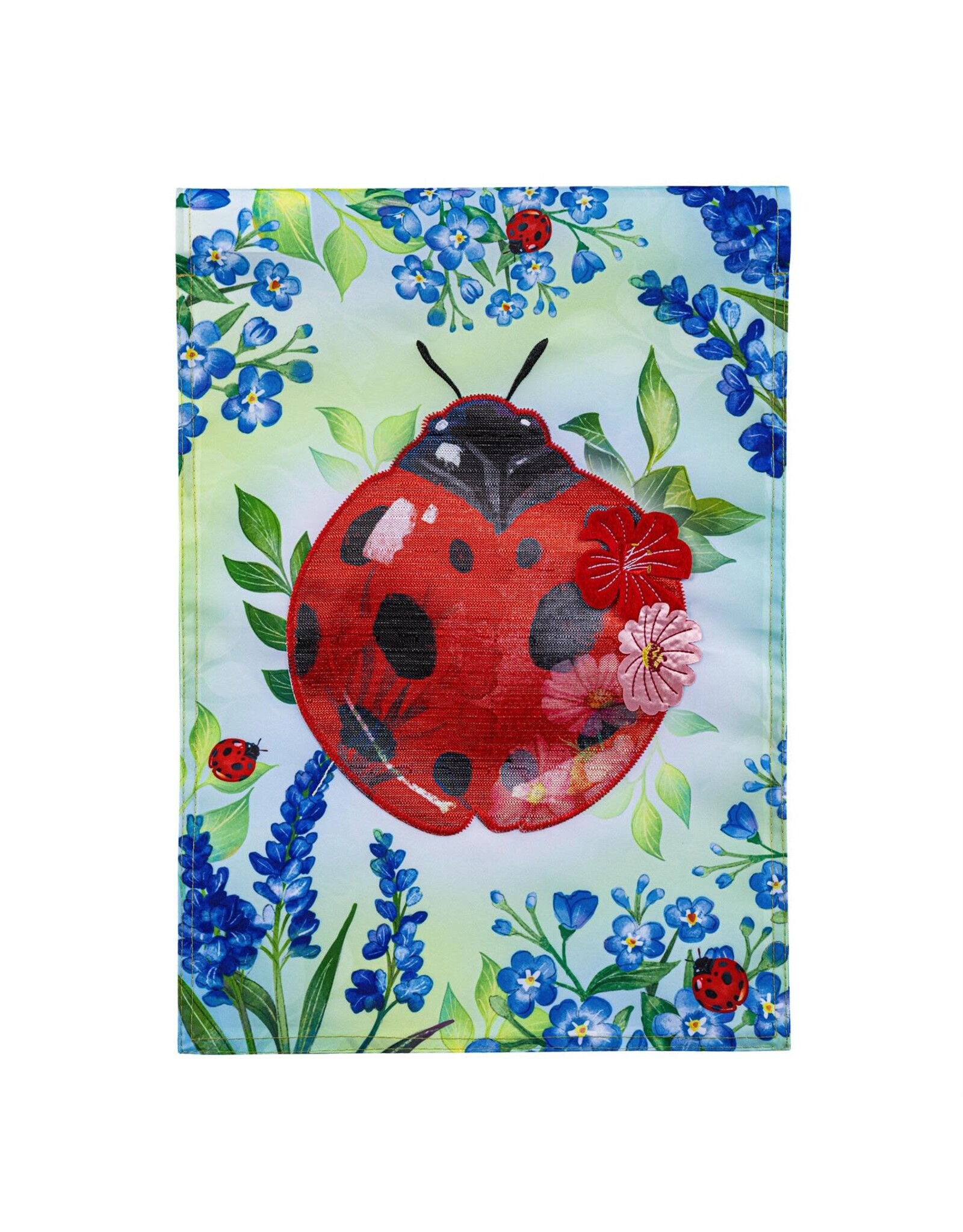 Evergreen Enterprises Pollinator Garden Blue Florals Ladybug Applique Garden Flag