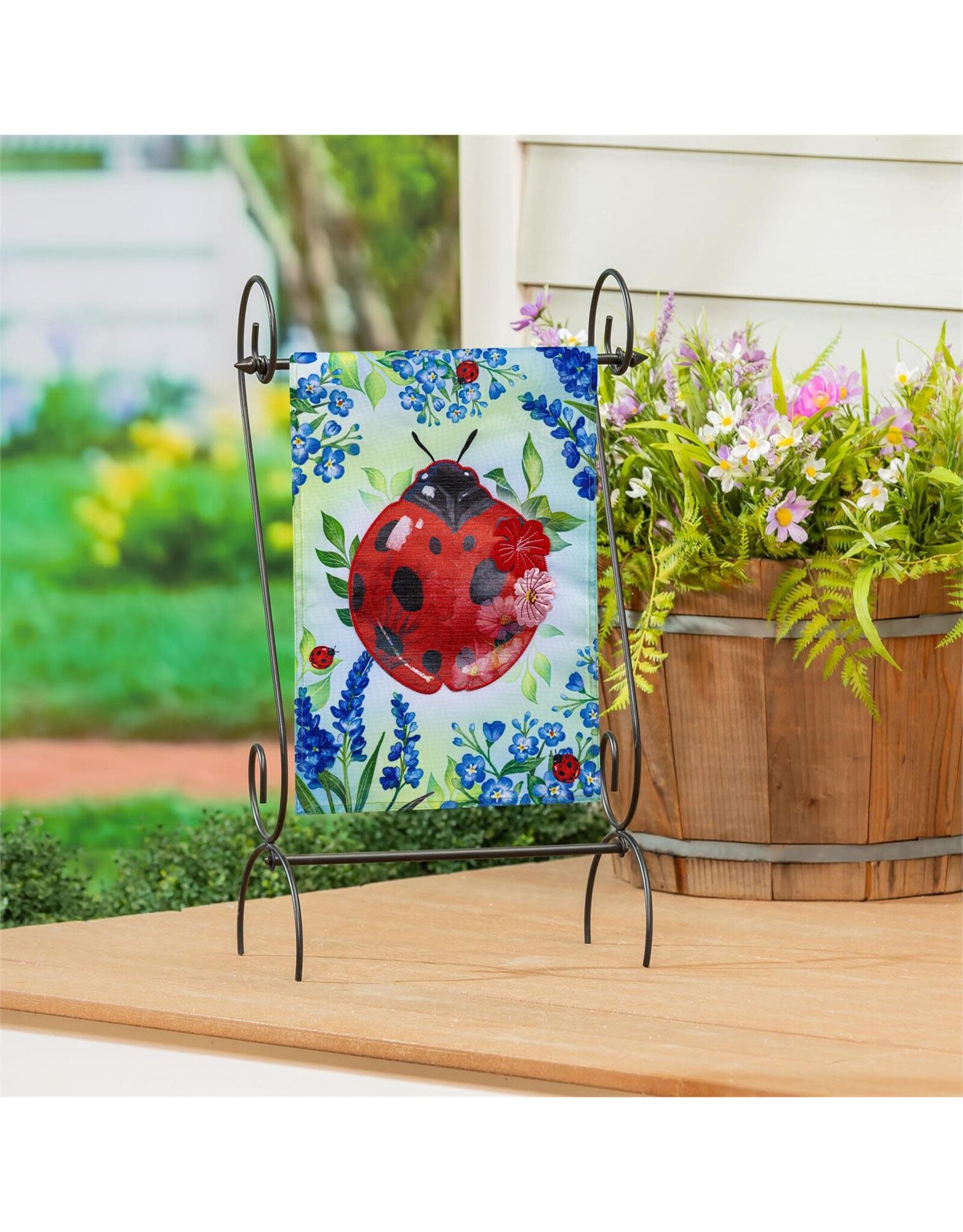 Evergreen Enterprises Pollinator Garden Blue Florals Ladybug Applique Garden Flag