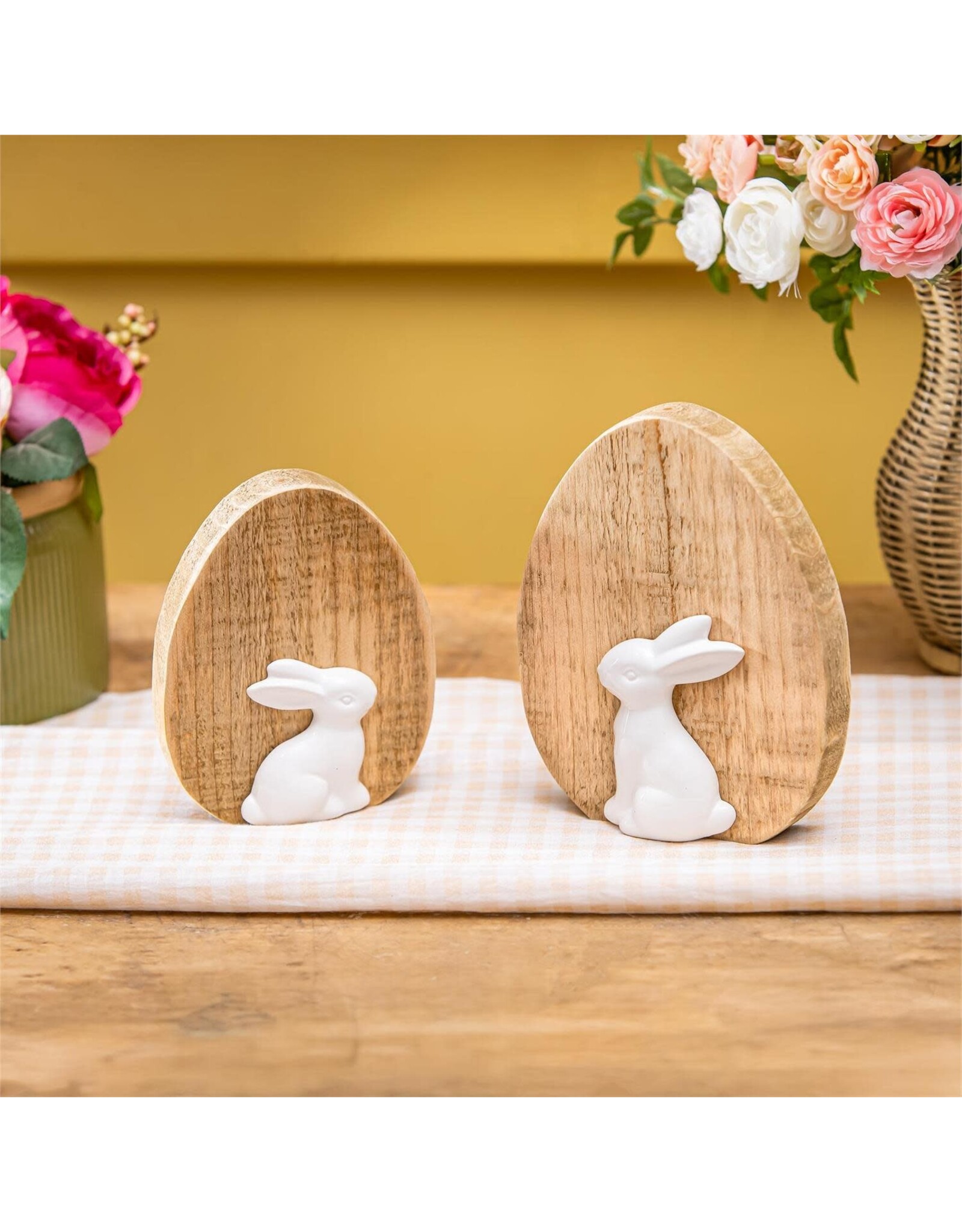 Evergreen Enterprises Bunny Blooms Table Decor Wood Egg with Ceramic Bunny, Set of 2