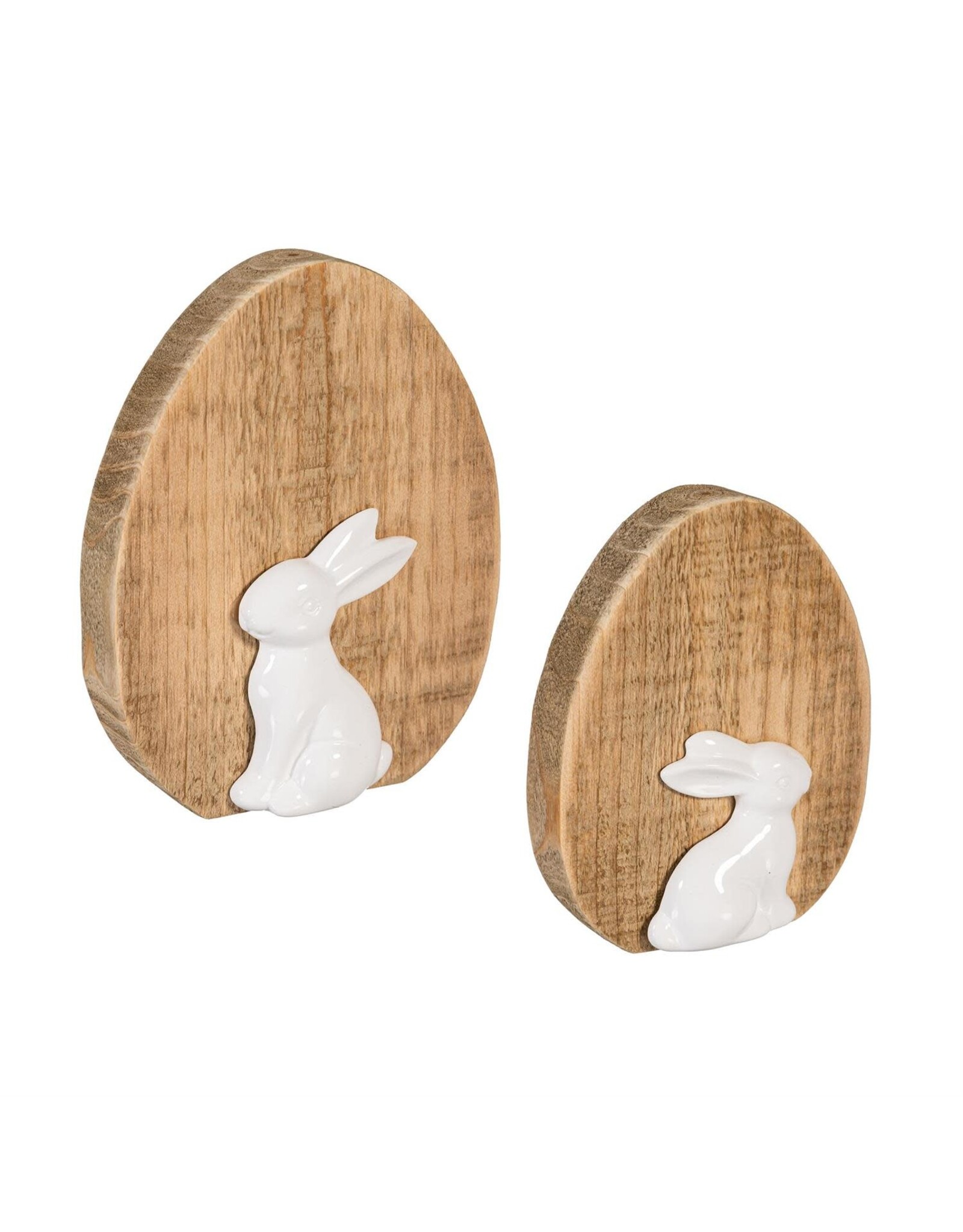 Evergreen Enterprises Bunny Blooms Table Decor Wood Egg with Ceramic Bunny, Set of 2