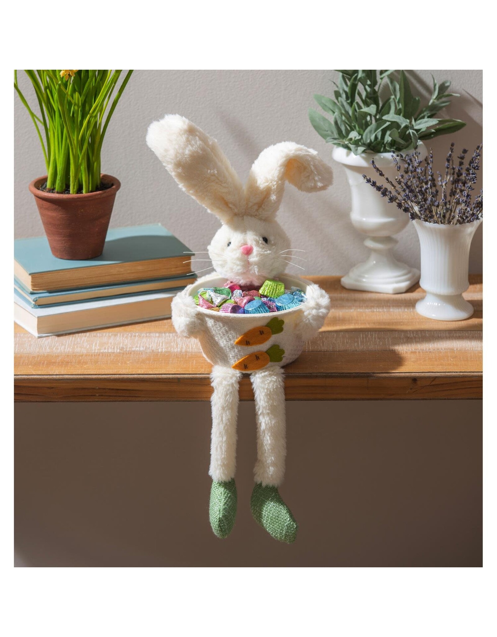 Evergreen Enterprises Bunny Blooms Table Decor Fabric Bunny with Bowl and Dangling Legs