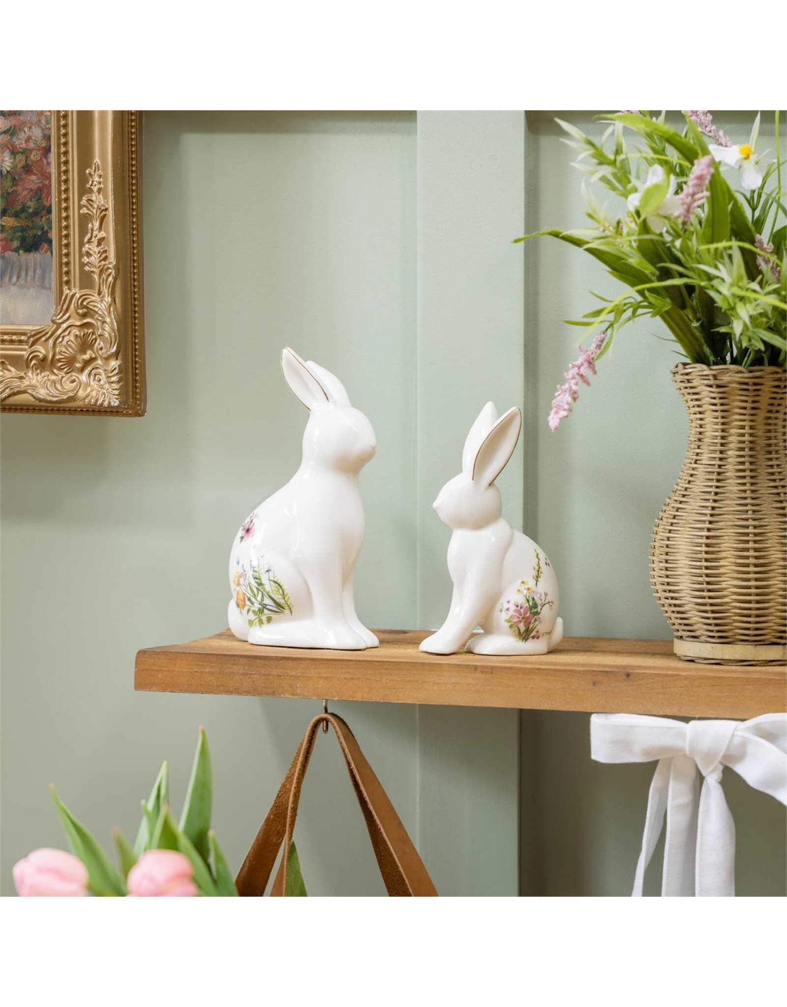 Evergreen Enterprises Bunny Blooms Table Decor Ceramic Floral Bunny, Set of 2