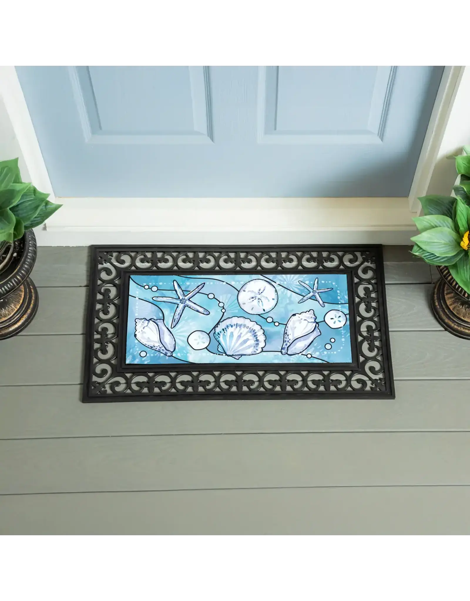 Evergreen Enterprises Blue Coastal Shells Flocked Coir Sassafras Switch Mat, Sea Illustration